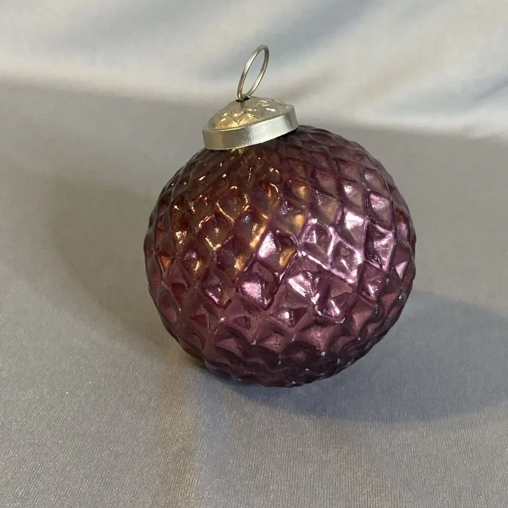 Kugel Inspired Blown Glass Ball Ornament Purple Diamond Quilted  Christmas Decor